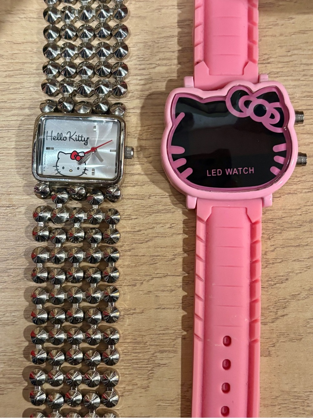 SET of 2 Hello Kitty Watches ~ Silver Chain & Pink Rubber - Excellent Condition!